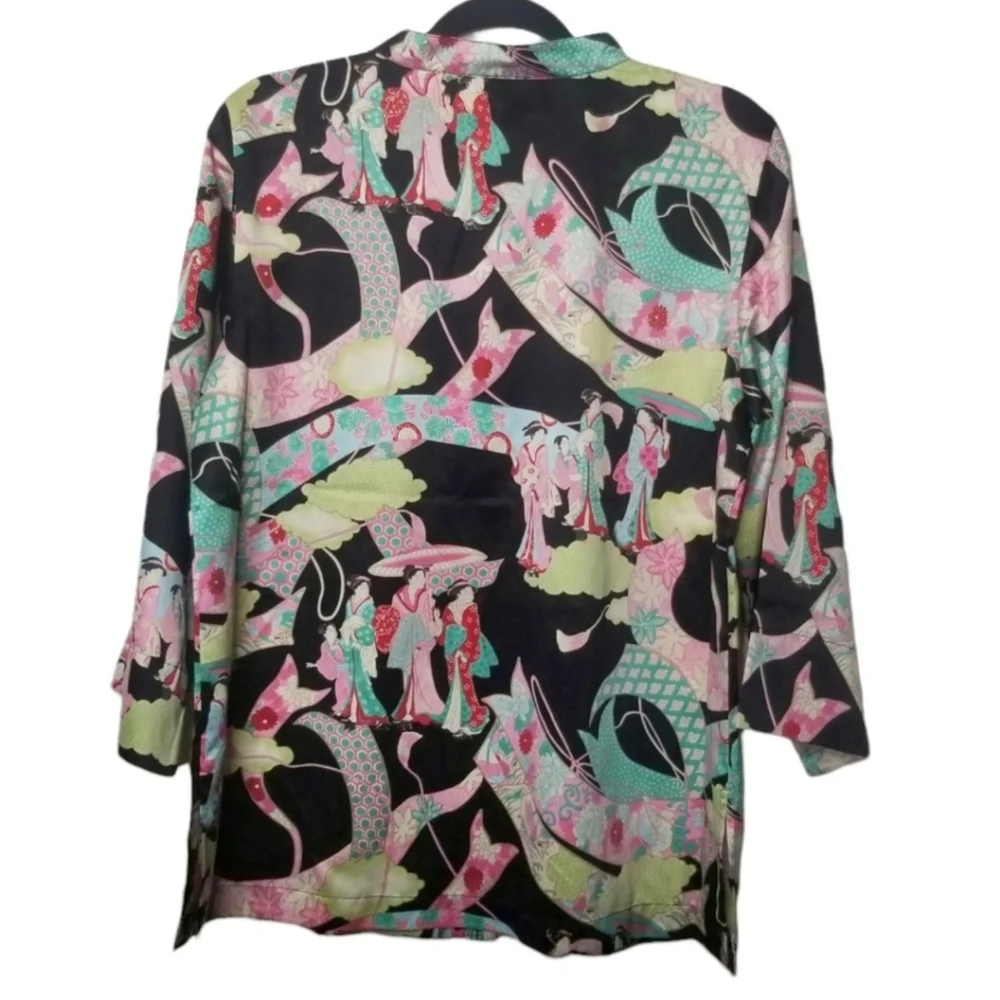 Cruz Wear by Natori Japanese print satin blouse button front Wmn's Size S - Picture 2 of 6